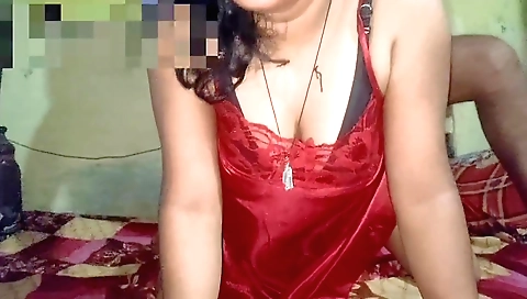 Horny brunette in her bed and making love with her lover
