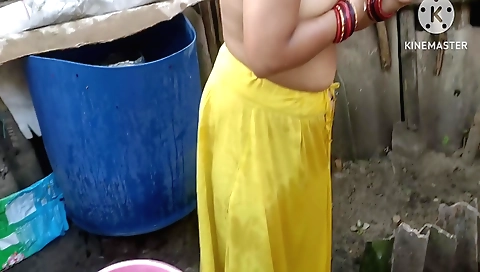 Bitch gets naked and toweled outside for outdoor play